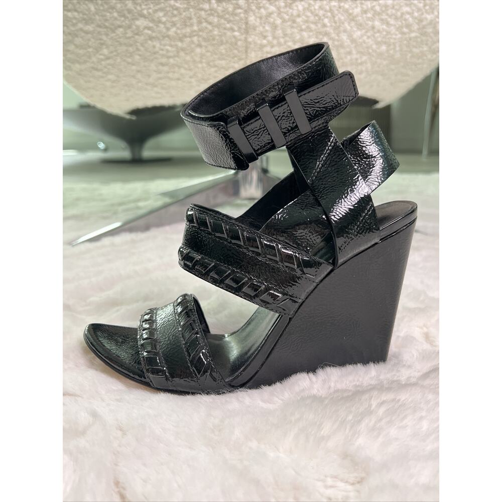 ALEXANDER WANG-Black Pattent Leather Wedge Heel-Size 37 W/Ankle Strap-Worn 1X